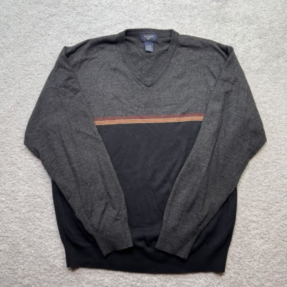 Dockers Men's XL V-Neck Sweater Gray Navy Colorblock Striped Knit Pullover